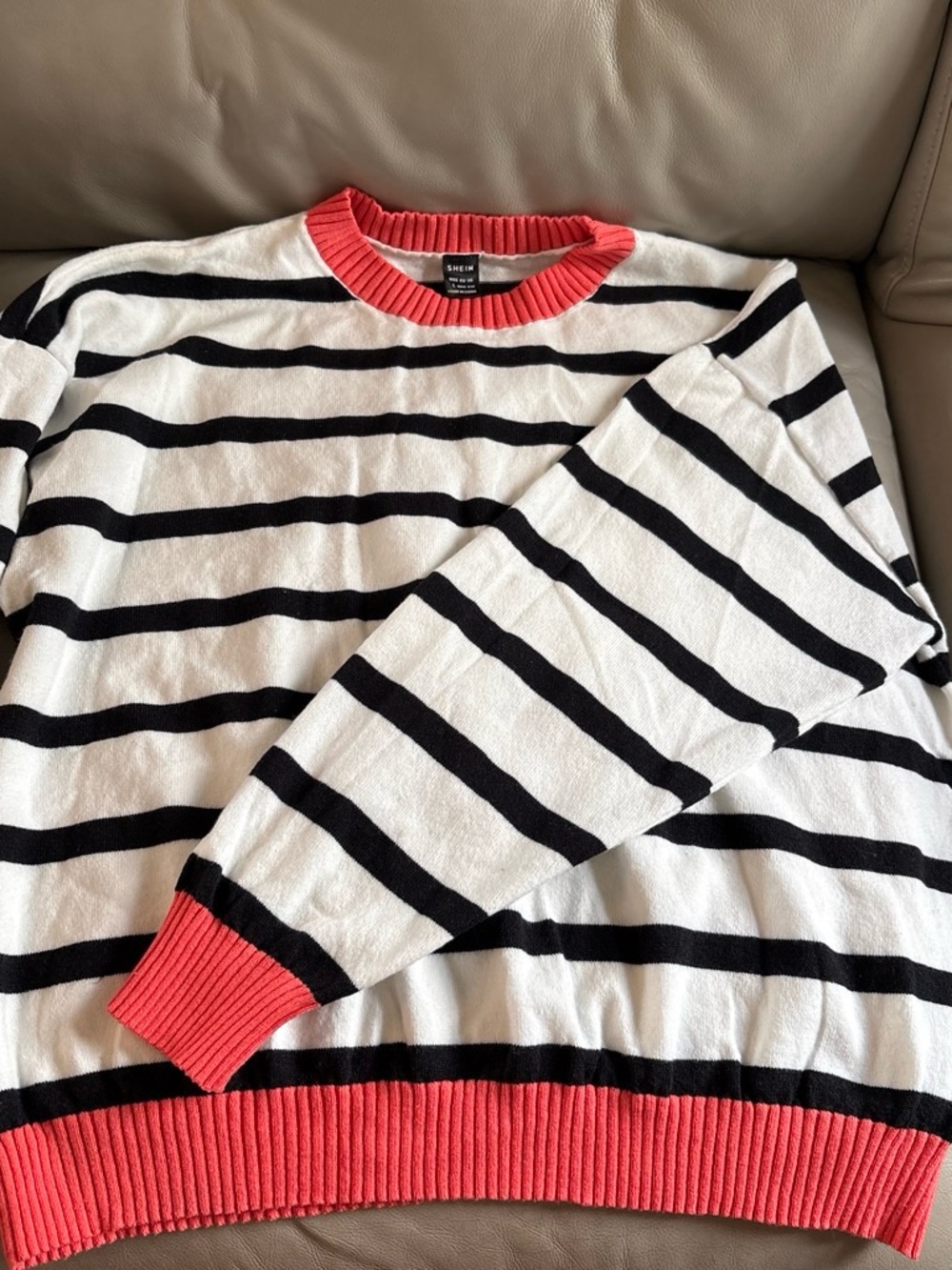 SHEIN Black and White Striped Crewneck Sweater with Coral Trim